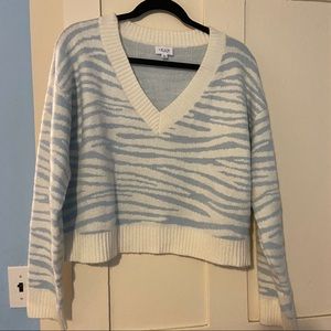 blue and white zebra v neck sweater